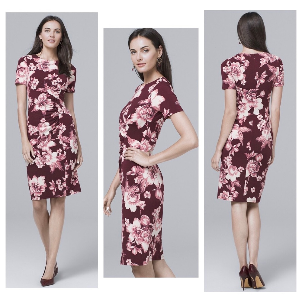 White House Black Market Short-Sleeve Port with Ecru Floral Knit Sheath Dress 10